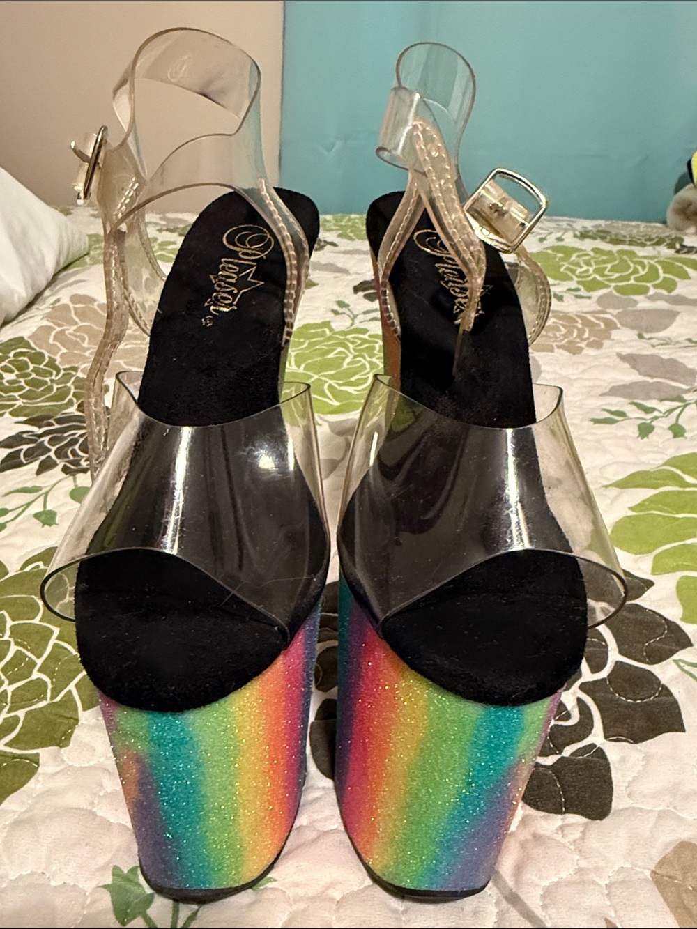 Clear Strap Rainbow Glitter Platform Heels - Women